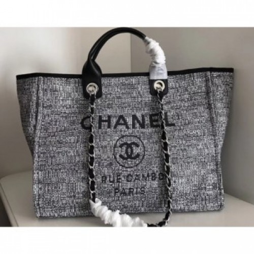 Chanel Golden Silk Thread Deauville Canvas Shopping Bag Black AQ02024