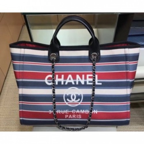 Chanel Canvas Deauville Shopping Bag A66941 Stripe Black/Blue/Red 2018 AQ02411