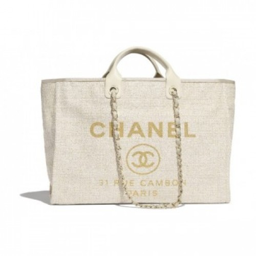Chanel Toile Large Deauville Canvas Shopping Bag Ivory 2019 Collection AQ03920