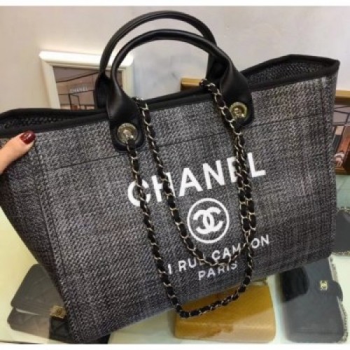 Chanel Deauville Canvas Tote Medium Shopping Bag Dark Gray/Black AQ02149