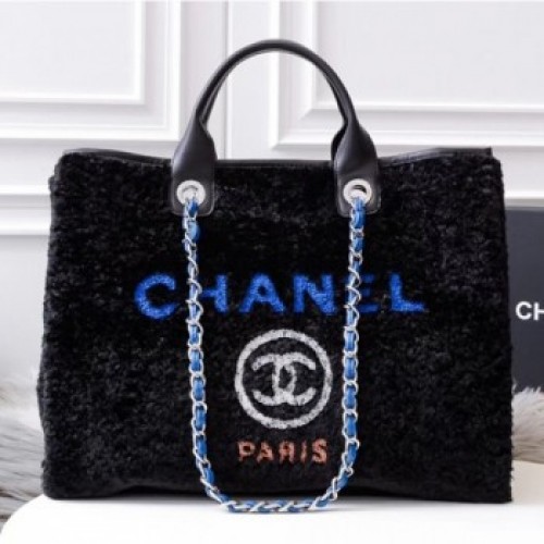 Chanel Shearling Deauville Large Shopping Bag Blue 2019 AQ00865