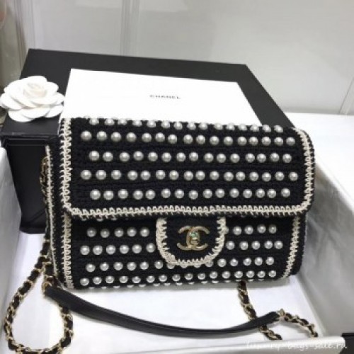 chanel pearl knitwear classic flap bag black AQ03197