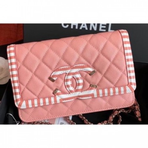 Chanel Striped Grained Calfskin CC Filigree Wallet On Chain Bag A84451 Pink 2019 AQ02720 Chanel Striped Grained Calfskin CC Filigree Wallet On Chain Bag A84451 Pink 2019 AQ02720