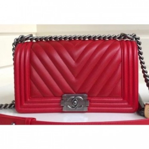 Chanel Caviar Leather Chevron Boy Flap Medium Bag Red/Silver AQ03176 Chanel Caviar Leather Chevron Boy Flap Medium Bag Red/Silver AQ03176