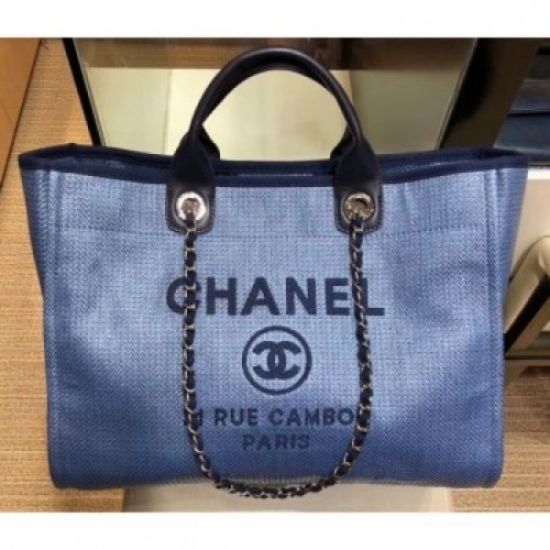 Chanel Deauville Canvas Tote Medium Shopping Bag Blue AQ03142