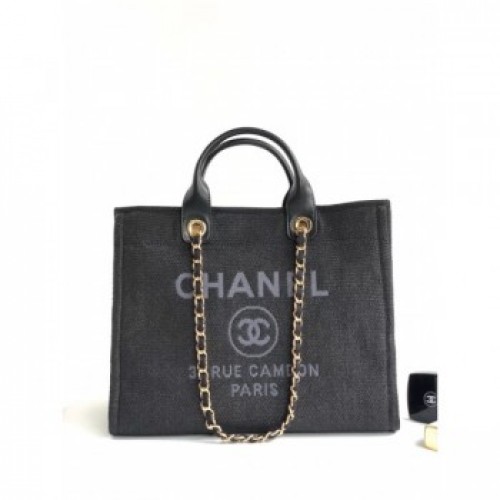 Chanel Toile Large Deauville Canvas Shopping Bag Black 2019 Collection AQ02395