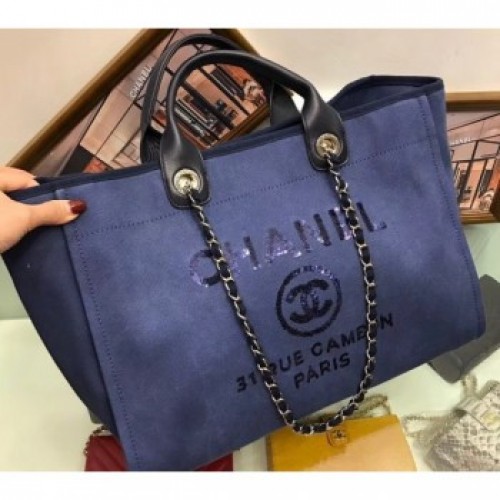 Chanel Canvas with Sequins Deauville Tote Medium Shopping Bag A66941 Dark Blue AQ00958