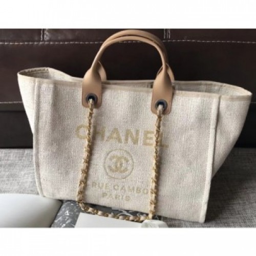 Chanel Golden Silk Thread Deauville Canvas Shopping Bag Beige 2018 AQ02214