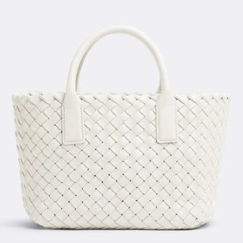 Bottega Veneta Cabat Mini Bag In White Intrecciato Lambskin Bottega Veneta Cabat Mini Bag In White Intrecciato Lambskin