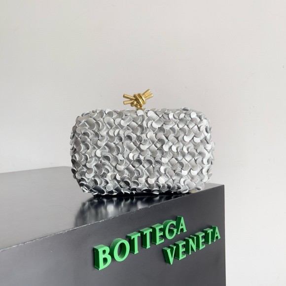 Bottega Veneta Knot Minaudiere Clutch in Silver Sequins Laminated Leather Bottega Veneta Knot Minaudiere Clutch in Silver Sequins Laminated Leather