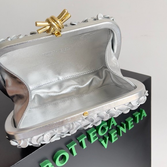 Bottega Veneta Knot Minaudiere Clutch in Silver Sequins Laminated Leather Bottega Veneta Knot Minaudiere Clutch in Silver Sequins Laminated Leather