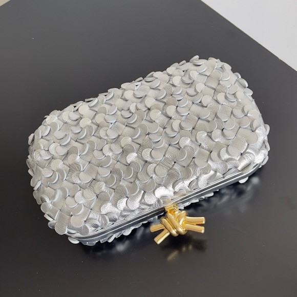 Bottega Veneta Knot Minaudiere Clutch in Silver Sequins Laminated Leather Bottega Veneta Knot Minaudiere Clutch in Silver Sequins Laminated Leather