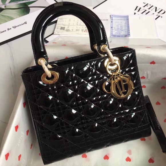 Dior Lady Dior Medium Bag In Black Patent Leather Dior Lady Dior Medium Bag In Black Patent Leather
