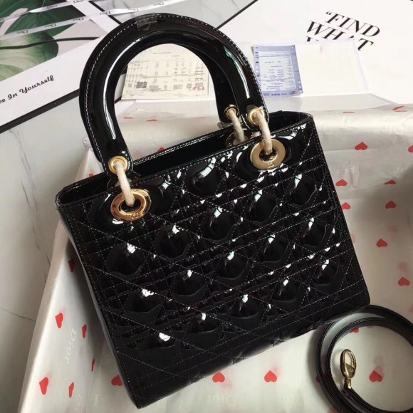 Dior Lady Dior Medium Bag In Black Patent Leather Dior Lady Dior Medium Bag In Black Patent Leather
