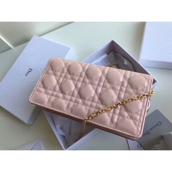 Dior Lady Dior Chain Pouch In Pink Patent Cannage Calfskin Dior Lady Dior Chain Pouch In Pink Patent Cannage Calfskin