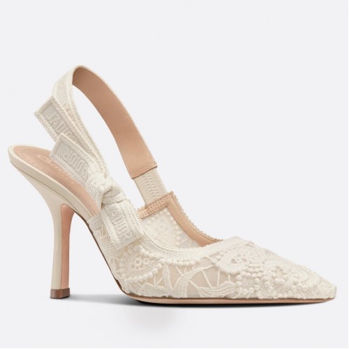 Dior J'Adior Slingback Pumps 100mm In White Macrame Cotton Dior J'Adior Slingback Pumps 100mm In White Macrame Cotton