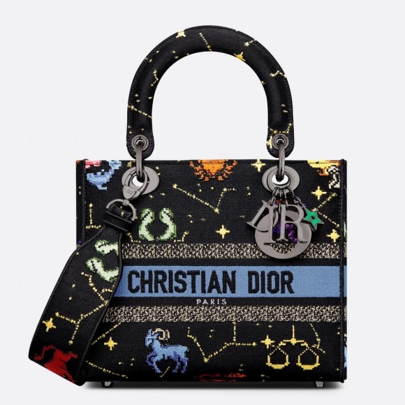Dior Lady D-Lite Medium Bag In Black Pixel Zodiac Embroidery Dior Lady D-Lite Medium Bag In Black Pixel Zodiac Embroidery