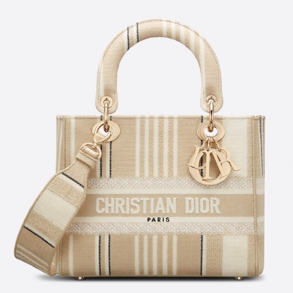 Dior Lady D-Lite Medium Bag In Beige Stripes Embroidery Dior Lady D-Lite Medium Bag In Beige Stripes Embroidery