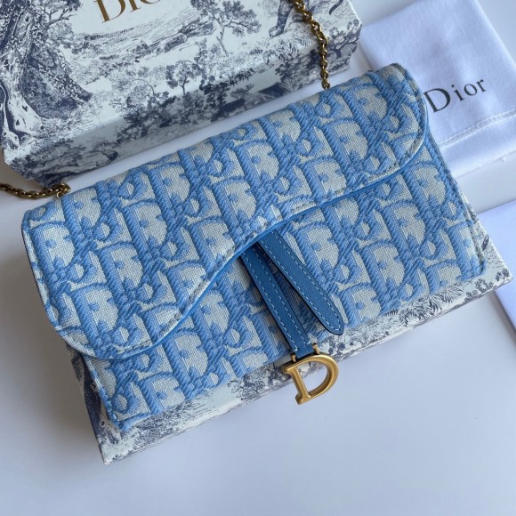 Dior Saddle Chain Wallet In Light Blue Oblique Jacquard Dior Saddle Chain Wallet In Light Blue Oblique Jacquard