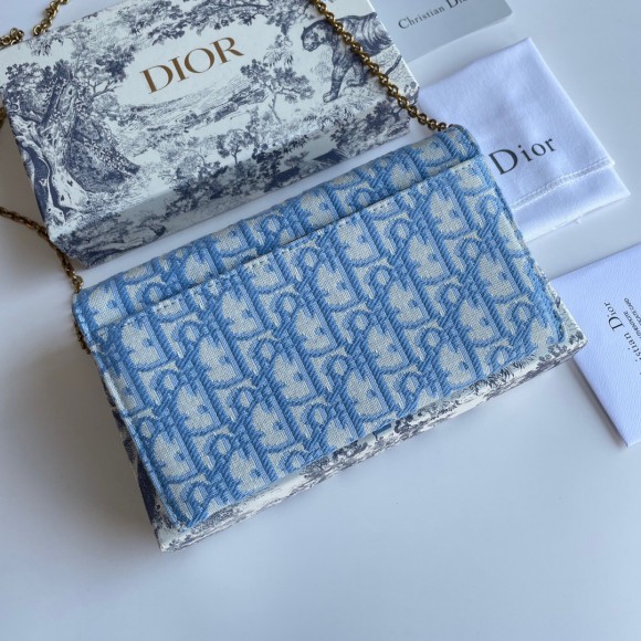 Dior Saddle Chain Wallet In Light Blue Oblique Jacquard Dior Saddle Chain Wallet In Light Blue Oblique Jacquard