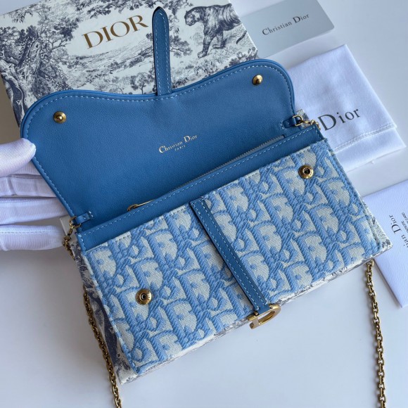 Dior Saddle Chain Wallet In Light Blue Oblique Jacquard Dior Saddle Chain Wallet In Light Blue Oblique Jacquard