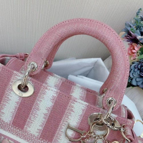Dior Lady D-Lite Medium Bag In Pink D-Stripes Embroidery Dior Lady D-Lite Medium Bag In Pink D-Stripes Embroidery