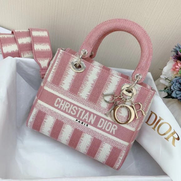 Dior Lady D-Lite Medium Bag In Pink D-Stripes Embroidery Dior Lady D-Lite Medium Bag In Pink D-Stripes Embroidery