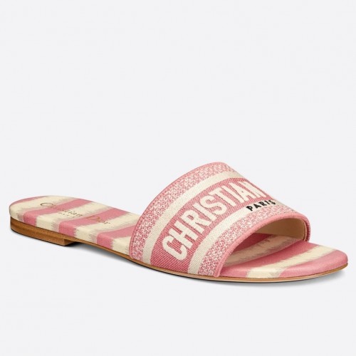 Dior Dway Slides In Pink D-Stripes Embroidered Cotton Dior Dway Slides In Pink D-Stripes Embroidered Cotton