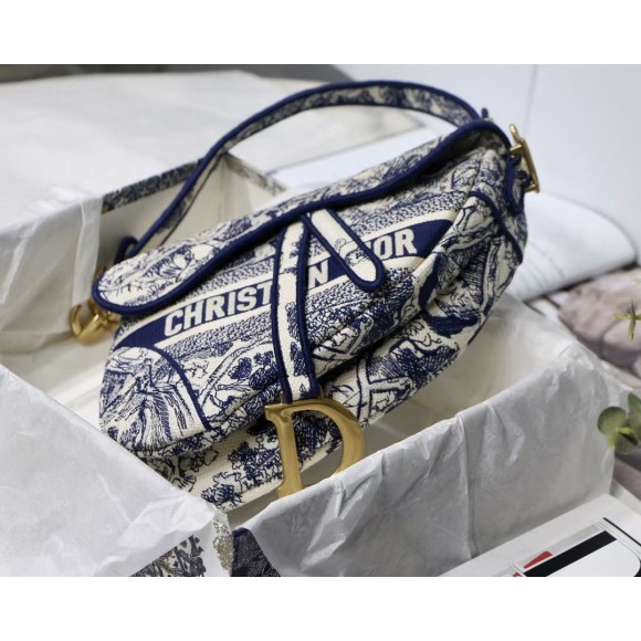 Dior Saddle Bag In Blue Toile de Jouy Embroidery Dior Saddle Bag In Blue Toile de Jouy Embroidery