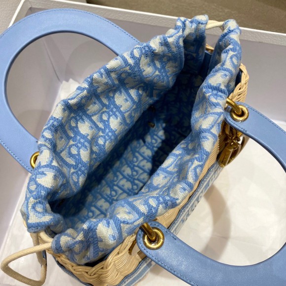 Dior Lady Dior Medium Bag in Wicker and Light Blue Oblique Jacquard Dior Lady Dior Medium Bag in Wicker and Light Blue Oblique Jacquard