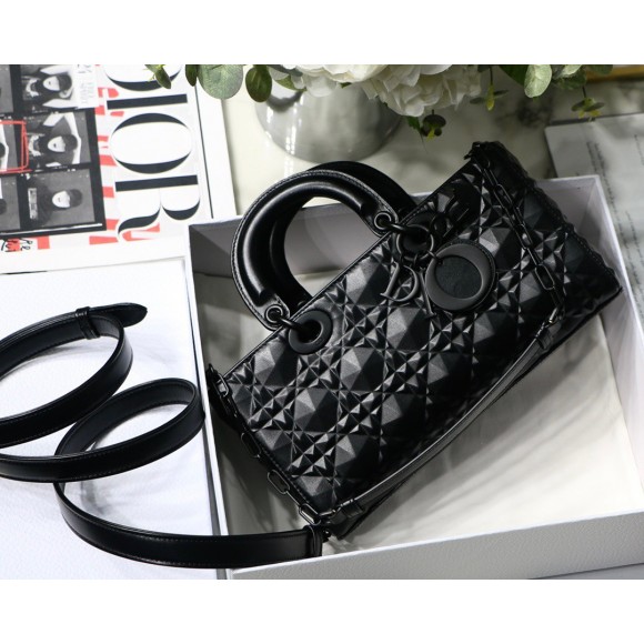 Dior Lady D-Joy Medium Bag In Black Calfskin with Diamond Motif Dior Lady D-Joy Medium Bag In Black Calfskin with Diamond Motif