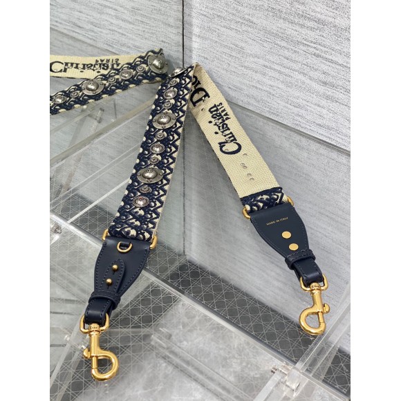 Dior Shoulder Strap with Ring in Blue Oblique Embroidery with Medallions Dior Shoulder Strap with Ring in Blue Oblique Embroidery with Medallions
