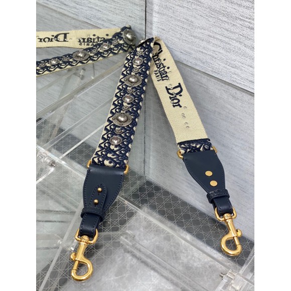 Dior Shoulder Strap with Ring in Blue Oblique Embroidery with Medallions Dior Shoulder Strap with Ring in Blue Oblique Embroidery with Medallions