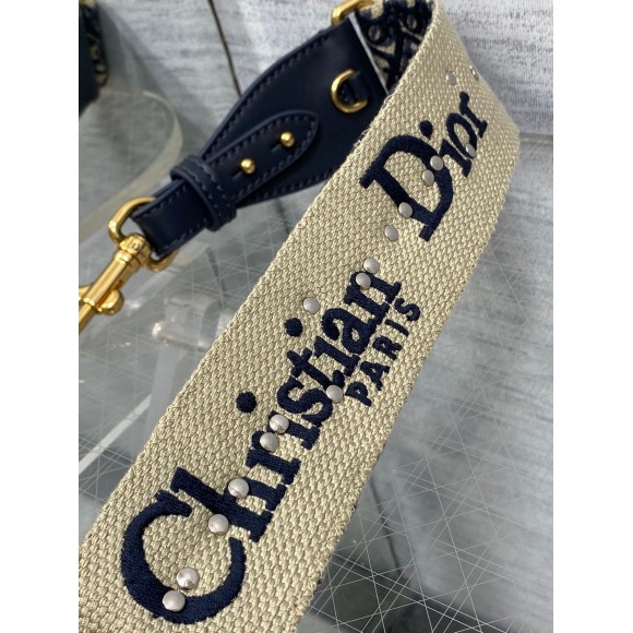 Dior Shoulder Strap with Ring in Blue Oblique Embroidery with Medallions Dior Shoulder Strap with Ring in Blue Oblique Embroidery with Medallions