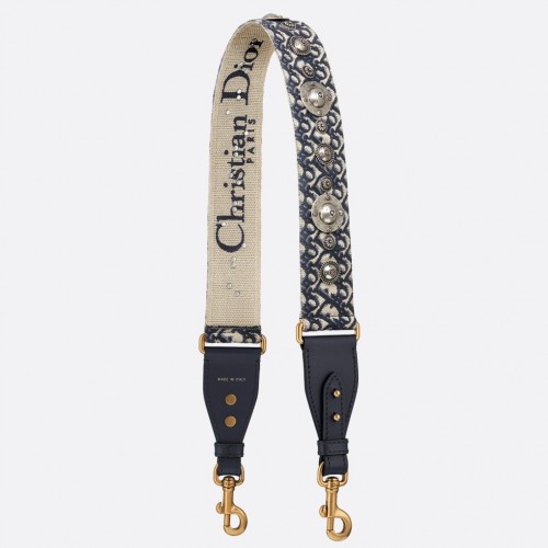 Dior Shoulder Strap in Blue Oblique Embroidery with Medallions Dior Shoulder Strap in Blue Oblique Embroidery with Medallions