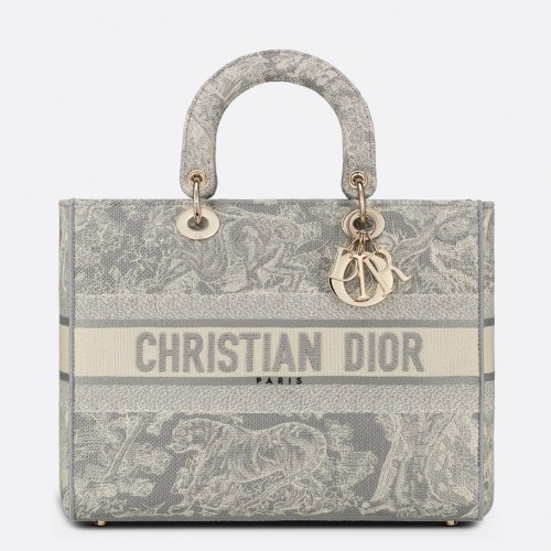 Dior Lady D-Lite Large Bag In Gray Toile de Jouy Reverse Embroidery Dior Lady D-Lite Large Bag In Gray Toile de Jouy Reverse Embroidery