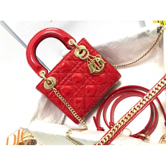 Dior Lady Dior Mini Chain Bag with Chain in Red Patent Calfskin Dior Lady Dior Mini Chain Bag with Chain in Red Patent Calfskin