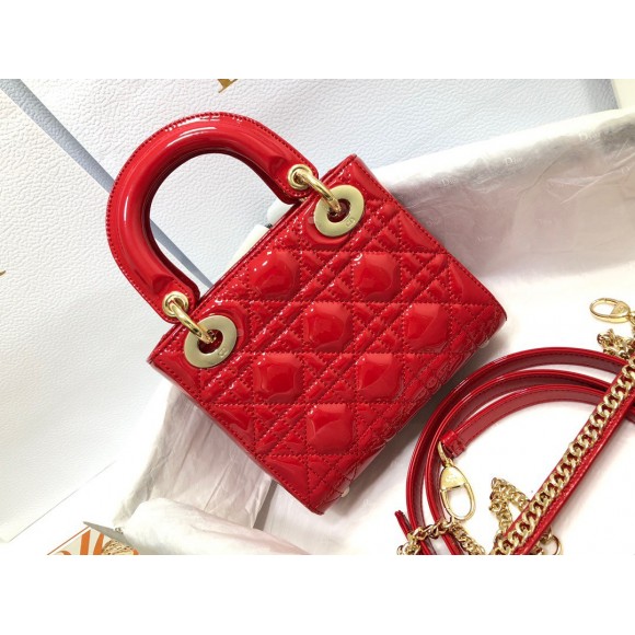 Dior Lady Dior Mini Chain Bag with Chain in Red Patent Calfskin Dior Lady Dior Mini Chain Bag with Chain in Red Patent Calfskin