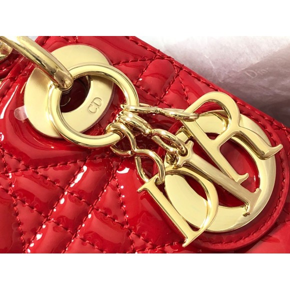Dior Lady Dior Mini Chain Bag with Chain in Red Patent Calfskin Dior Lady Dior Mini Chain Bag with Chain in Red Patent Calfskin