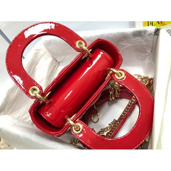 Dior Lady Dior Mini Chain Bag with Chain in Red Patent Calfskin Dior Lady Dior Mini Chain Bag with Chain in Red Patent Calfskin