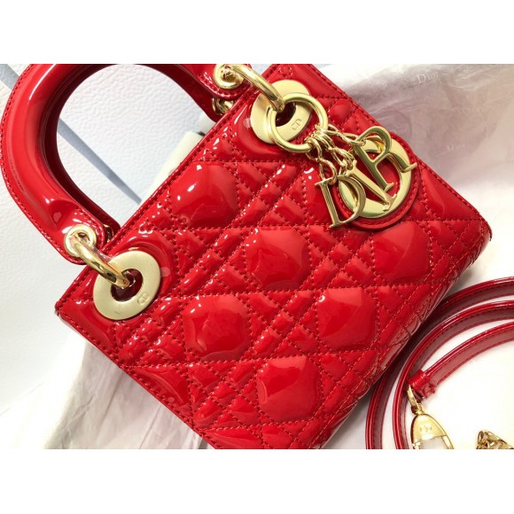 Dior Lady Dior Mini Chain Bag with Chain in Red Patent Calfskin Dior Lady Dior Mini Chain Bag with Chain in Red Patent Calfskin