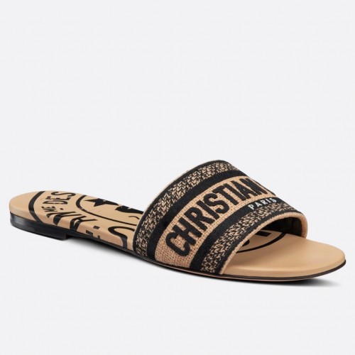 Dior Dway Slides In Beige Jute Canvas Embroidered with Union Motif Dior Dway Slides In Beige Jute Canvas Embroidered with Union Motif