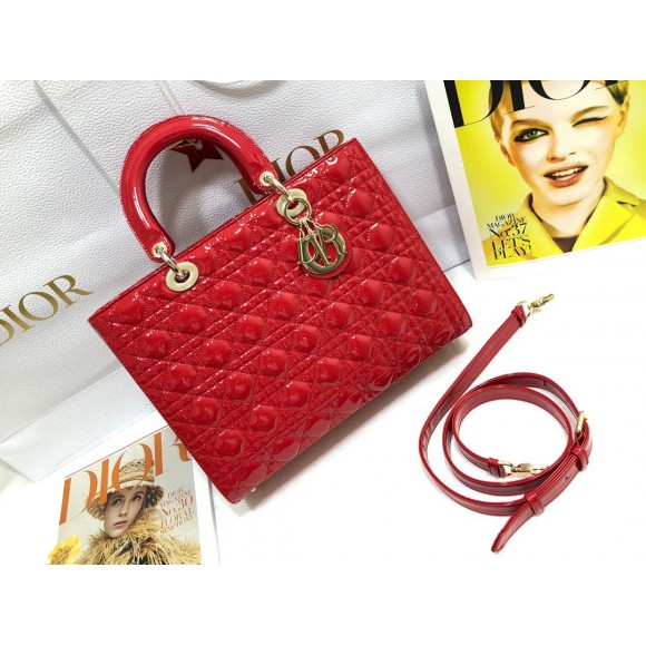 Dior Lady Dior Large Bag In Red Patent Cannage Calfskin Dior Lady Dior Large Bag In Red Patent Cannage Calfskin