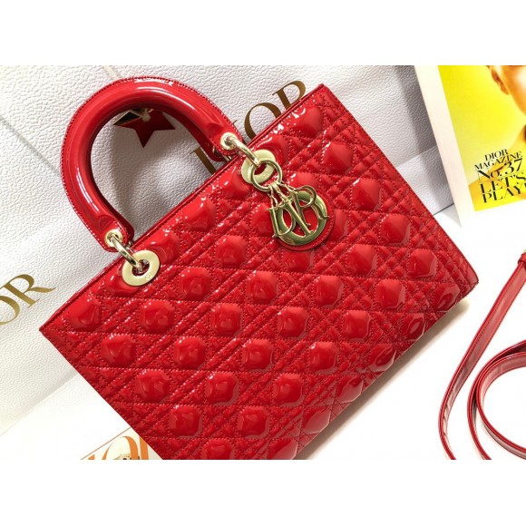 Dior Lady Dior Large Bag In Red Patent Cannage Calfskin Dior Lady Dior Large Bag In Red Patent Cannage Calfskin