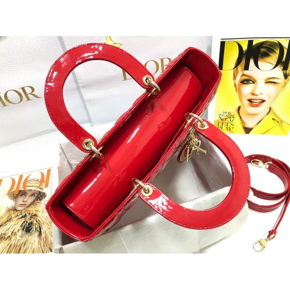 Dior Lady Dior Large Bag In Red Patent Cannage Calfskin Dior Lady Dior Large Bag In Red Patent Cannage Calfskin