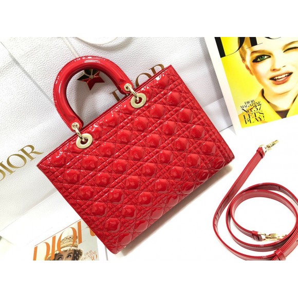 Dior Lady Dior Large Bag In Red Patent Cannage Calfskin Dior Lady Dior Large Bag In Red Patent Cannage Calfskin