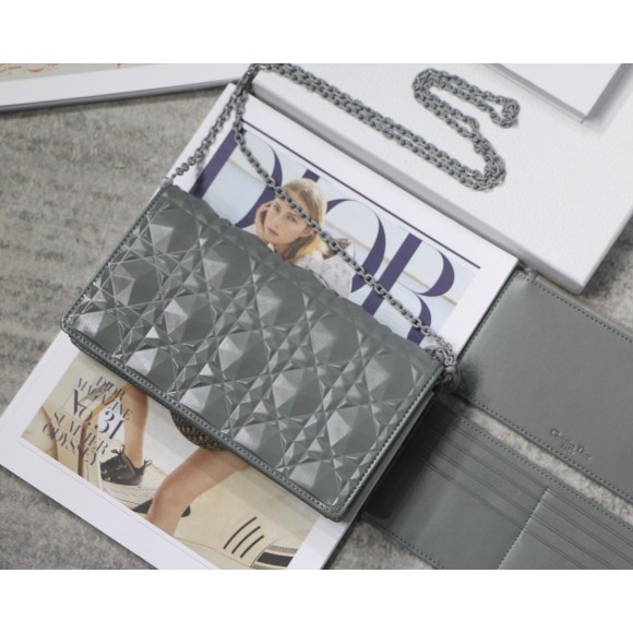 Dior Lady Dior Chain Pouch In Grey Diamond Calfskin Dior Lady Dior Chain Pouch In Grey Diamond Calfskin