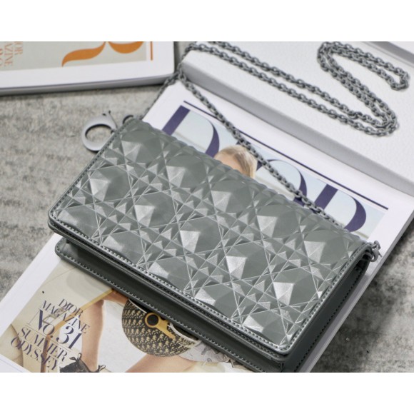 Dior Lady Dior Chain Pouch In Grey Diamond Calfskin Dior Lady Dior Chain Pouch In Grey Diamond Calfskin