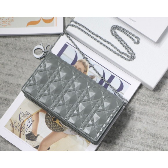 Dior Lady Dior Chain Pouch In Grey Diamond Calfskin Dior Lady Dior Chain Pouch In Grey Diamond Calfskin