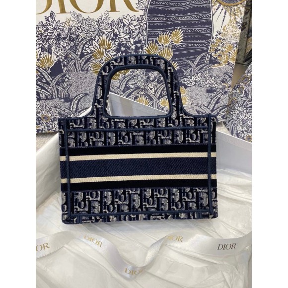 Dior Mini Book Tote Bag In Blue Velvet Oblique Embroidered Dior Mini Book Tote Bag In Blue Velvet Oblique Embroidered